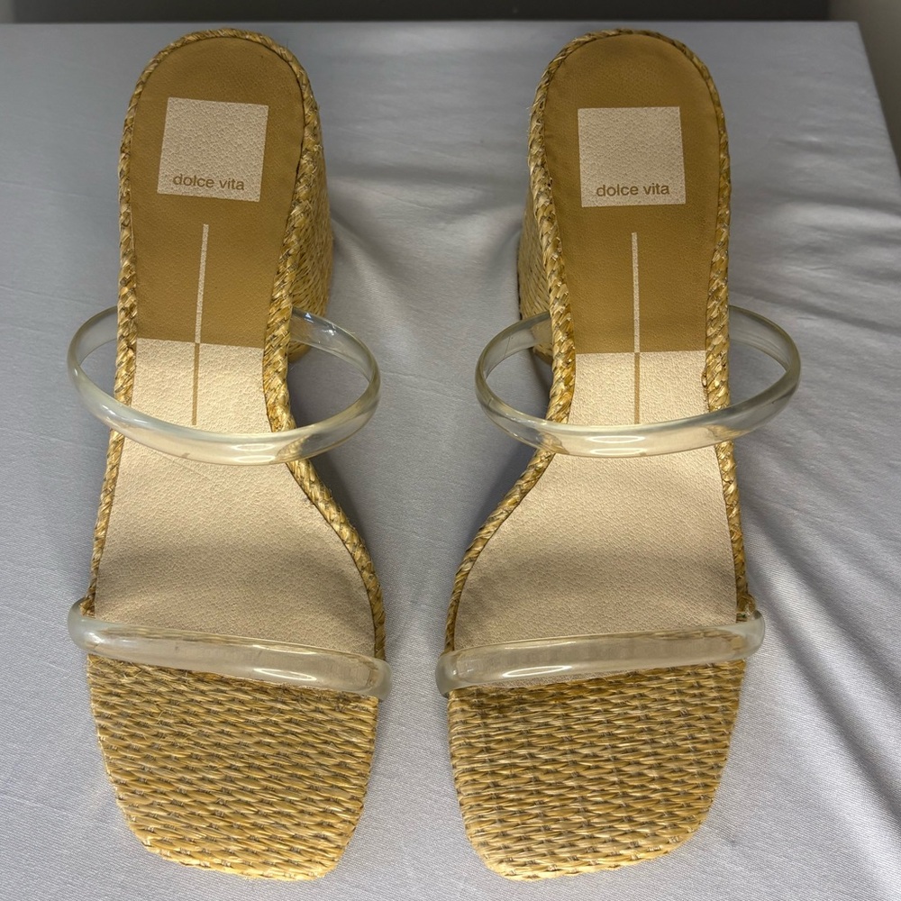 Dolce Vita Natural Woven Slide Heels with Clear Straps